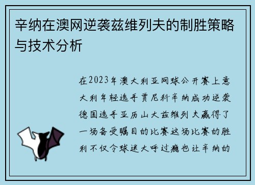 辛纳在澳网逆袭兹维列夫的制胜策略与技术分析 辛纳在澳网逆袭兹维列夫的制胜策略与技术分析