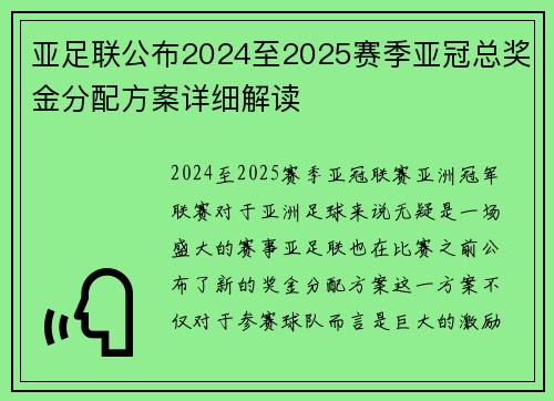 亚足联公布2024至2025赛季亚冠总奖金分配方案详细解读
